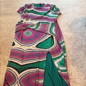 Fashion Nova Asymmetrical Dress in Green and Pink